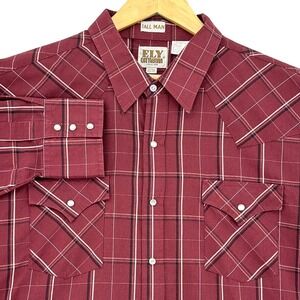 Ely Cattleman Burgundy Plaid Western Pearl Snap Long Sleeve Shirt Mens 2XL Tall